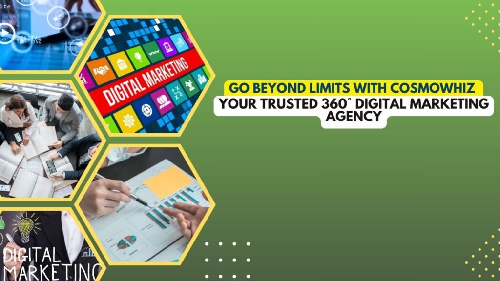 Promotional graphic for CosmoWhiz, a 360° digital marketing agency. The design features hexagon-shaped images showing digital marketing concepts, business team discussions, analytics charts, and brainstorming sessions. The main text reads