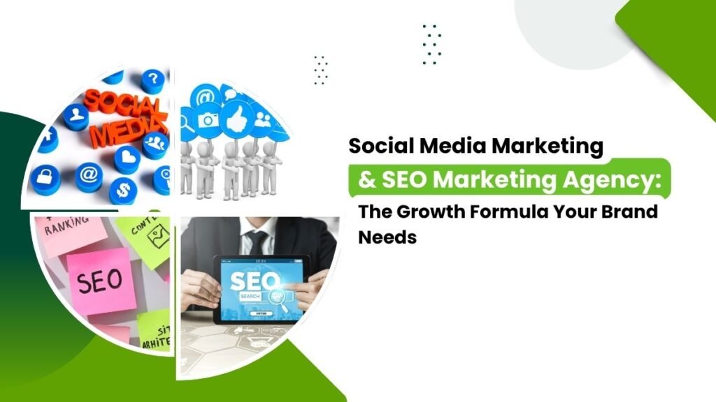 Collage of social media and SEO marketing icons with text reading "Social Media Marketing & SEO Marketing Agency: The Growth Formula Your Brand Needs."