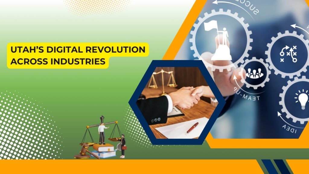 Utah’s digital revolution across industries banner showing handshake, legal scales, and business strategy icons – Best Mobile App Development Agency in Utah & Best Law Firm Marketing Agency in Utah